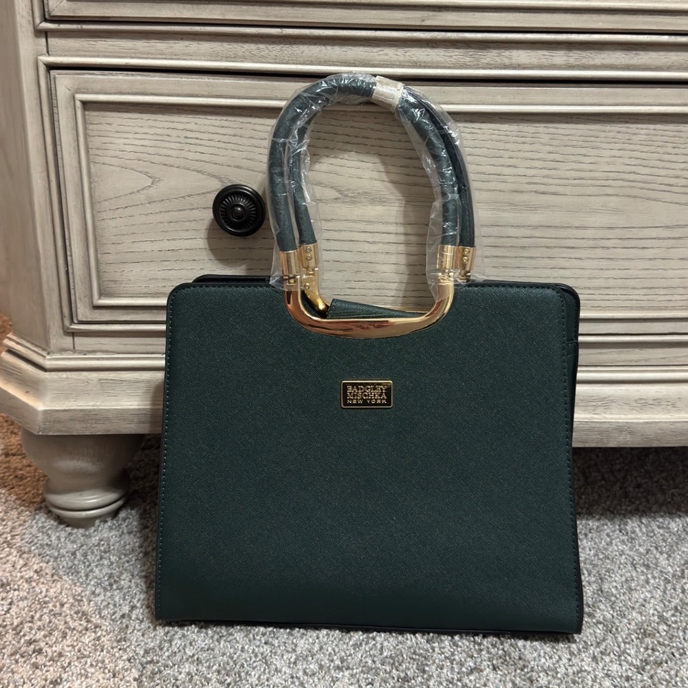 Badgley Mischka Forest Green Saffiano Satchel Handbag Gold Hardware NEW